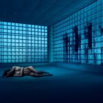 A nude person lies curled up on the floor in a dimly-lit room with blue-tinted glass block walls. Shadows of figures are visible through the translucent glass blocks, adding an eerie atmosphere to the scene. The ceiling has a grid pattern of tiles.