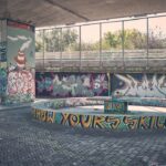 Een betonnen skatepark onder een brug heeft kleurrijke graffiti op muren en pilaren, waaronder een grote spuitbus en de zin "SHOW YOUR SKILLS" geschilderd rond een ronde richel. Bomen en een hek zijn zichtbaar op de achtergrond.